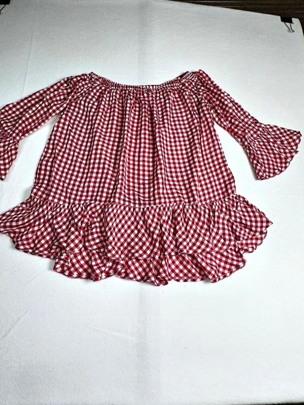 Beach Lunch Lounge Gingham Off-Shoulder Blouse in Red & White Small